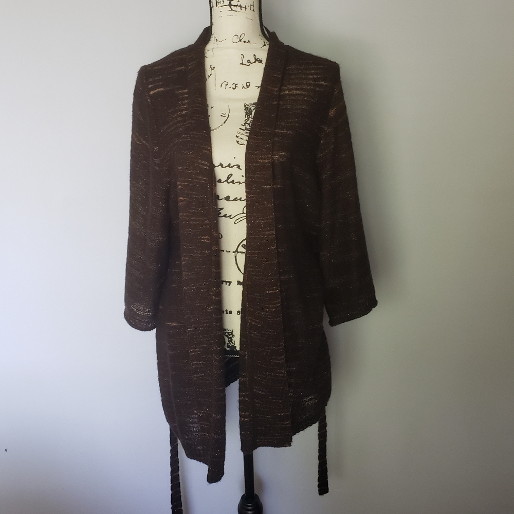 Belted Brown Cardigan w/ Metallic Bronze Sparkles